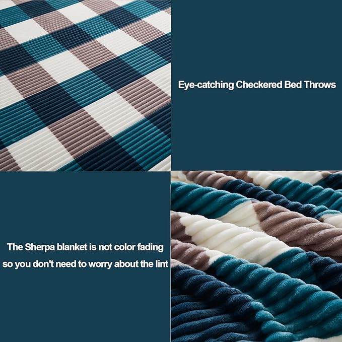 PU MEI Sherpa Blanket Twin Plaid Thick Bed Blanket, 60”*80” Super Soft Flannel Fuzzy Fleece Reversible Velvet Plush Warm Blanket for Couch (Teal Check, 60"*80")