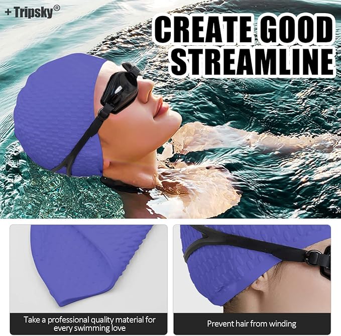 Tripsky Silicone Swim Cap,Comfortable Bathing Cap Ideal for Curly Short Medium Long Hair, Swimming Cap for Women and Men, Shower Caps Keep Hairstyle Unchanged…