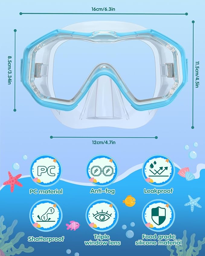 W WSTOO Kids Swim Goggles with Nose Cover,Snorkel Diving Swimming Mask for Youth 5-15,HD 3-Window Wide Vision Anti-Shattered Lens Anti-Fog&Leak