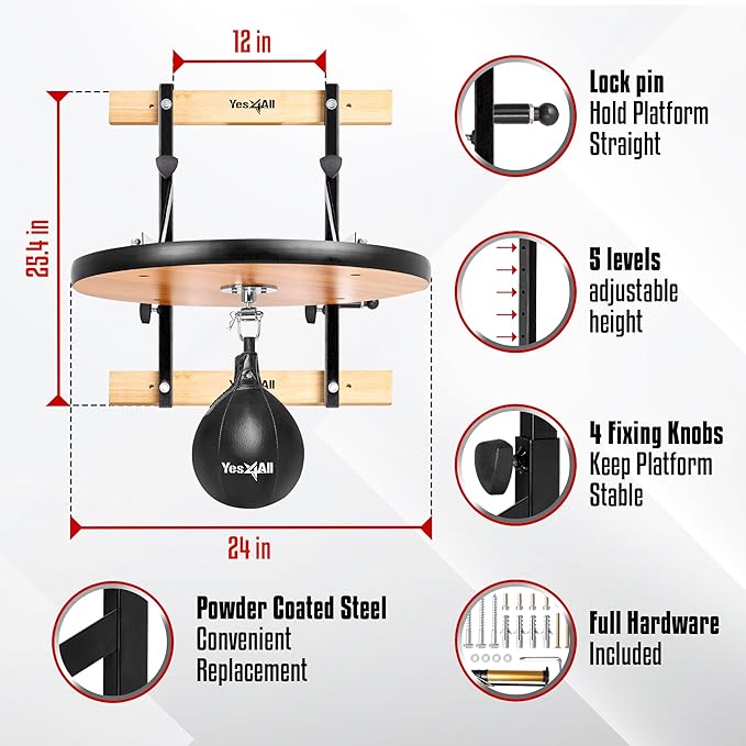 Yes4All 24 inches Adjustable Speed Bag Platform with Upgraded Speed Balls, Wall Mount Punching Bag Boxing Training Full Kit