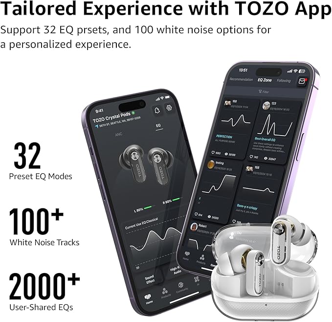 TOZO Crystal Pods Hybrid Active Noise Cancelling Wireless Earbuds, 10mm Drivers Deep Bass Stereo Sound, 4 Mics Smart ENC AI Calls, 32 EQ via App, Bluetooth 5.4 Headphones, Crystal Case Design