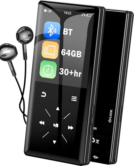 64GB Bluetooth MP3 Player - 2.4" Screen Portable HiFi Mp3 Player with Built-in Speaker, MP3 Music Player with Voice Recorder, FM Radio, Touch Buttons,Support up to 256GB SD Card