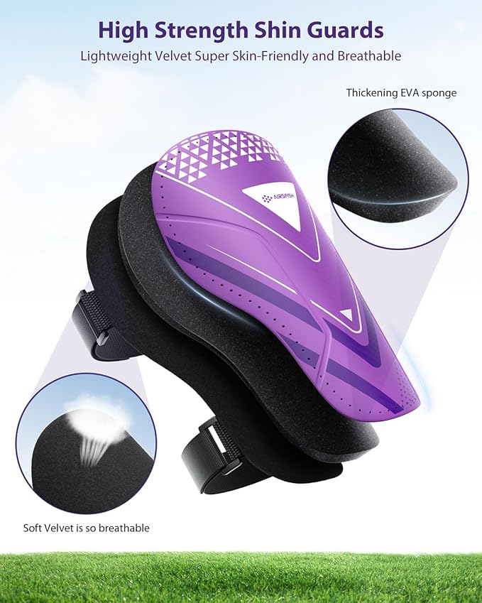 Shin Guards Soccer Kids Youth, CE Certified Airsfish Shin Guard Protection Gear for 2-18 Years Old Boys Girls Teenagers High Impact Resistant Breathable Comfortable 1 Pair 4 Sizes