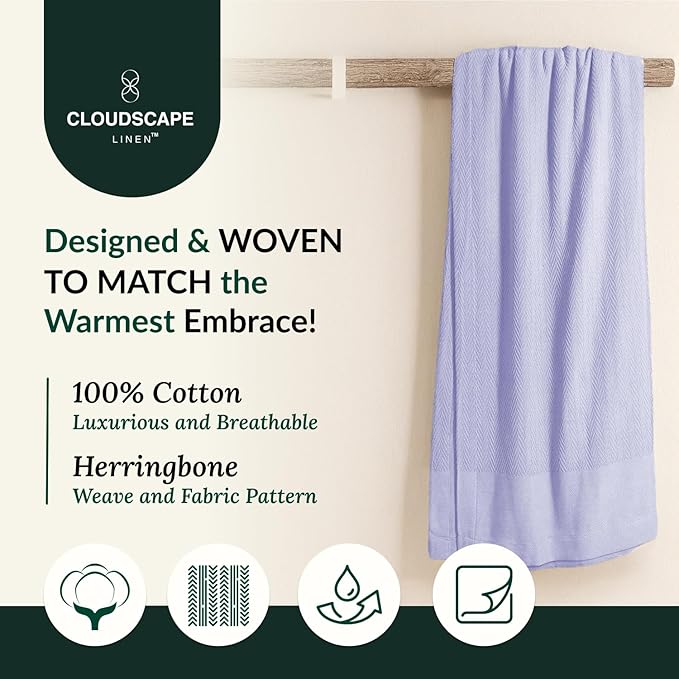 Cloud Scape Linen 100% Cotton Blanket King Size for Bed – Lightweight Summer Blanket, Herringbone Weave,fits California King Size Bed, 92x108,Lavender Blue
