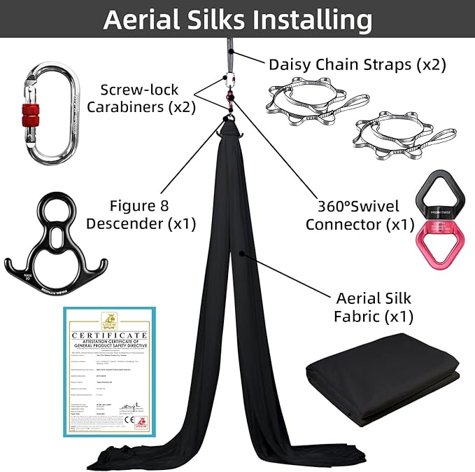 PRIOR FITNESS Aerial Silks Kit Colorful 9/15/20 Yards 40D Nylon Fabric Hammock Set With Hardware & Guide for All Levels Of Aerial Yoga Practice and Acrobatic Flying For Adults Aerial silk