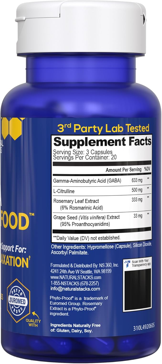 GABA Brain Food - GABA Supplement with L-Citrulline & Grape Seed Extract - Supports Calm & Relaxation - Nighttime Sleep Aid - Supports Production of Gamma Aminobutyric Acid - 60 L-Citrulline Capsules