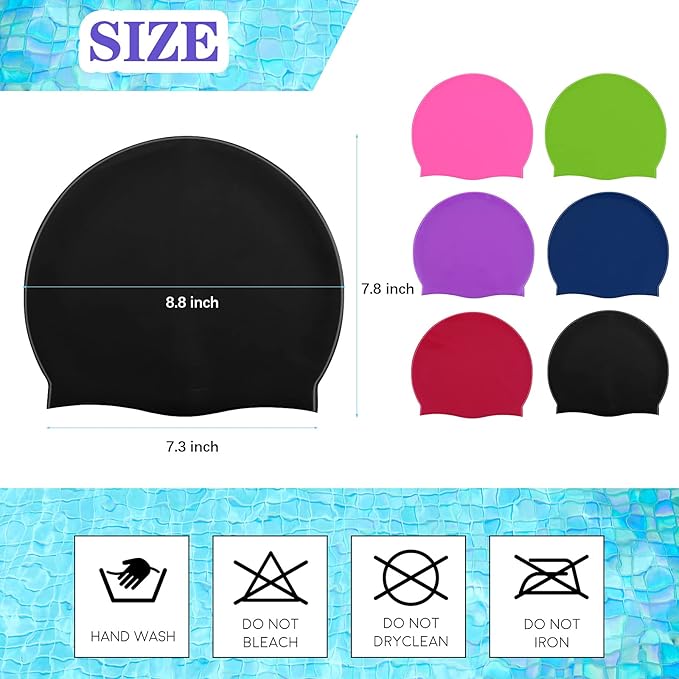 Syhood 6 Pieces Unisex Adult Silicone Swim Cap Waterproof Swimming Hat Non Slip Pool Hat Elastic Silicone Cap for Long and Short Hair