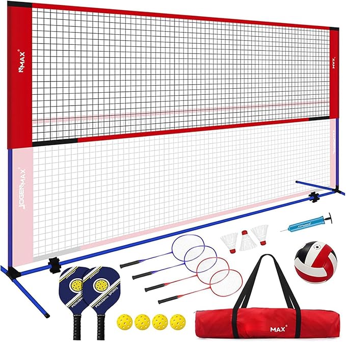 Portable Badminton Volleyball Pickleball Combo Sets with Adjustable Net (10ft Wide X 7ft Max Height) for Backyards, with Aluminum Rackets, Pickle Paddles, Carry Bag and Three Types of Balls