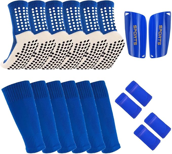 3 Pairs Mens Grip Soccer Socks, 3 Pairs Shin Sleeves with 1 Pack Shin Guards and 4 Shin Straps, Soccer Football Game Set 11 Pcs