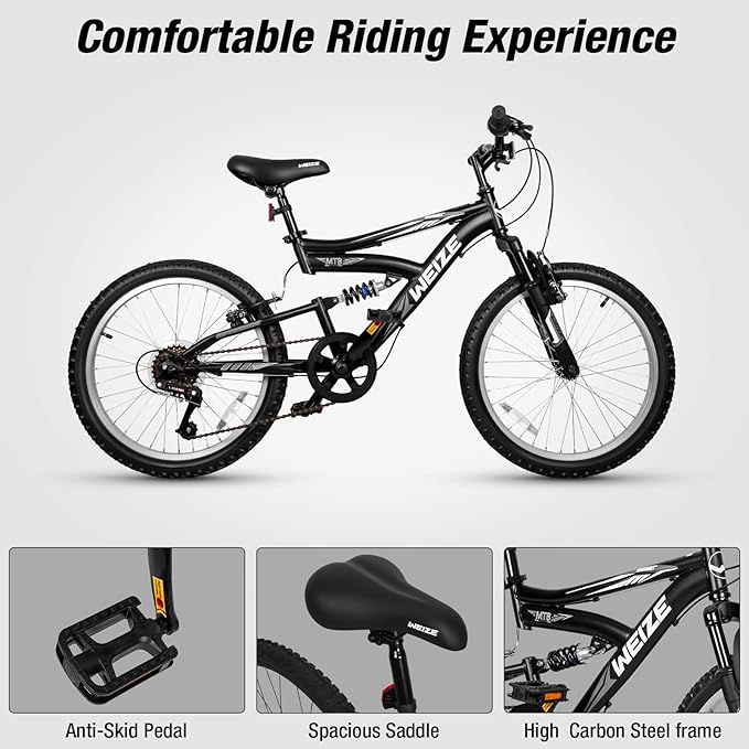 WEIZE Kids Mountain Bike, 20 inch Kids' Bicycles for 6-11 Years Old Boys Girls with Dual Full Suspension, 6 Speeds Drivetrain, High-Carbon Steel Frame, Ideal for Young Riders and Adventurers