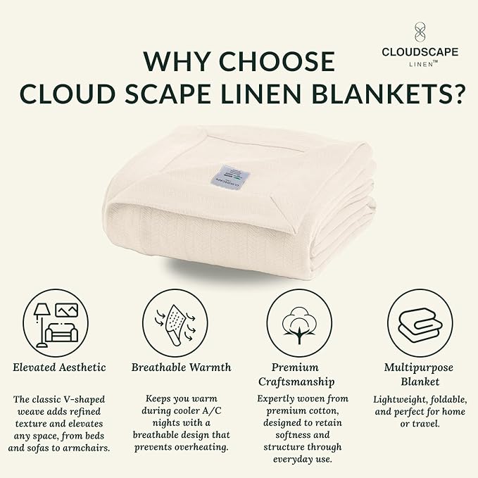 Cloud Scape Linen Herringbone Cotton Throw Blanket for Couch, Bed,Sofa, Home Decor, Soft, Lightweight, All-Season Bed Blanket, 50 x 70, Ivory