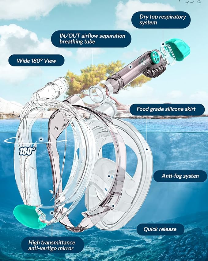QingSong Full Face Snorkel Mask for Adults, Snorkeling Gear with Camera Mount, 180 Degree Panoramic View Snorkel Set Anti-Fog Anti-Leak