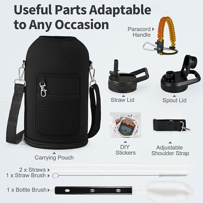 One Gallon Water Bottle Insulated with DIY Stickers, Triple Wall Vacuum Cold for 48 Hrs Leak-proof Non-BPA, 128oz Large Sports Stainless Steel Water Jug with Paracord Handle Straw Spout Lids