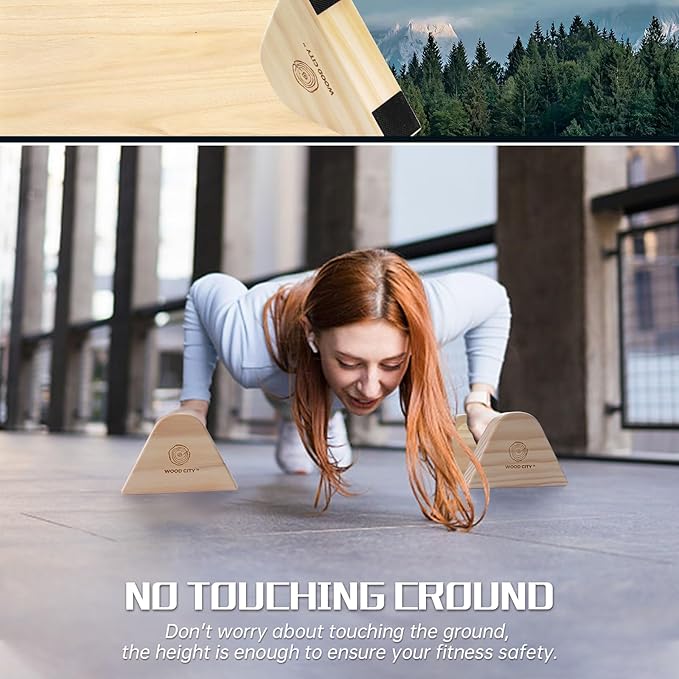 WOOD CITY 2 PCS Wood Push Up Bars Stands with Non-Slip Base, Supports Aerobics and Upper Body Strength Training for Men and Women, Joint-friendly Beech Wood Home Fitness Equipment