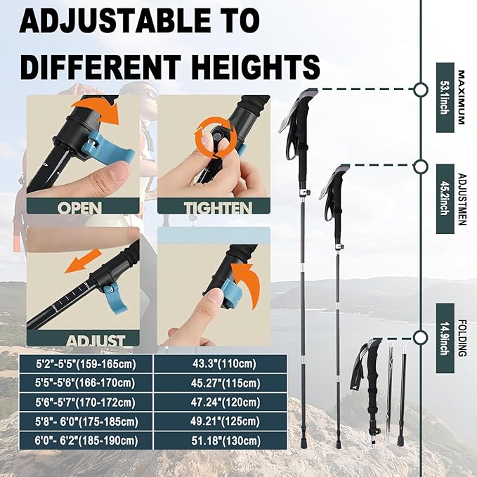 Trekking Poles Lightweight Collapsible Hiking Poles Folding Aluminum Walking Sticks 2 Pack Walking Sticks for Hiking