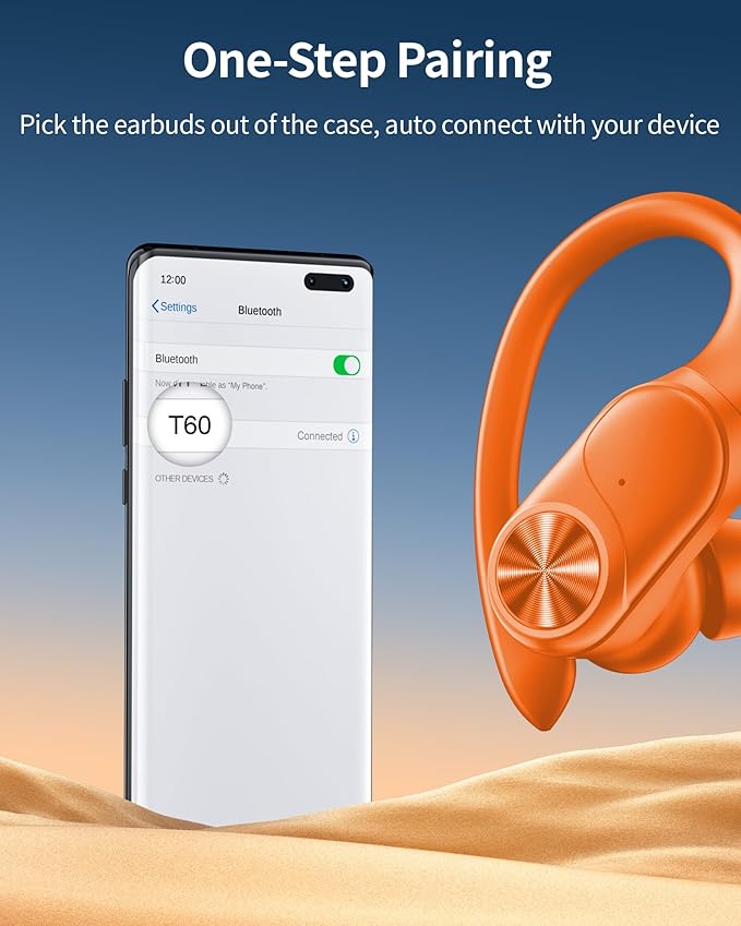 PocBuds Bluetooth Headphones Wireless Earbuds 80hrs Playtime Wireless Charging Case Digital Display Sport Ear Buds with Earhook Deep Bass IPX7 Waterproof Over-Ear Earphones for Phone Laptop Caramel