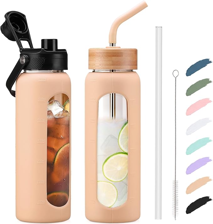 Kodrine Water Bottle with Straw, 24 oz Glass water Bottle with 2 Lids Bamboo Straw Lid and Spout Lid with Handle, 32 oz Clear Water Bottle Glass for Sports Travel, Waterbottle with Time Marker