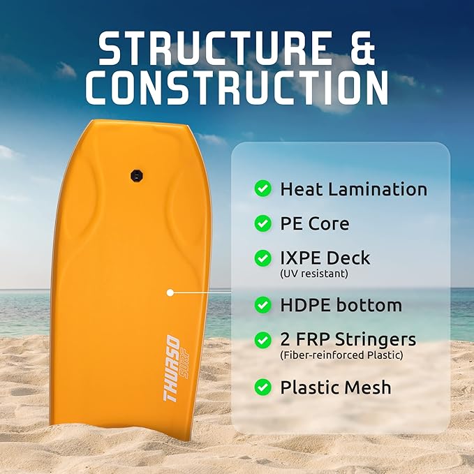 THURSO SURF 42'' Body Boards for Beach Pool Lightweight PE Core IXPE Deck HDPE Bottom FRP Stringers High Performance Body Board with Double Swivel Surf Leash and Bodyboard Bag Lightning