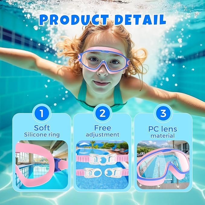 Swim Goggles for Kids 3-15 with Earplugs Large Frame Anti-Fog/UV Swimming Goggles for Boys Girls Toddler 2PCS