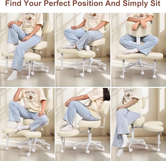 Meditation Chair Cross Legged ADHD Office Chair for Adults with Wheels Ergonomic Back Support and Leg Rest for Multi Position Criss Cross Sitting Kneeling and Yoga Height Adjustable, Leather Style