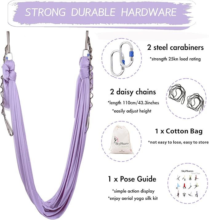 5.5 Yards Aerial Silks Yoga Swing Set - Aerial Yoga Hammock Kit Anti-Gravity Flying for Fitness, Low/Non Stretch Nylon Tricot Fabric Hardware Included for Dance