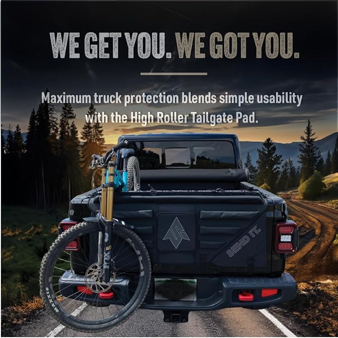 Send It. High Roller Tailgate Bike Pad V2 – Tailgate Pads for Trucks – Truck Bike Pad – Accessories for Mountain Bikers, BMX Bikes, Ebikes & More (Compact)