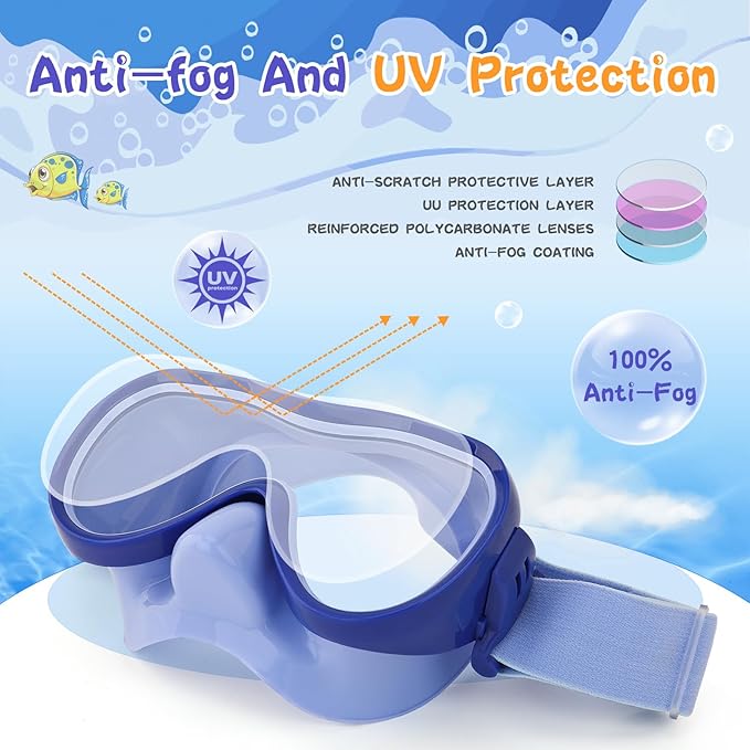 Kids Swim Goggles with Nose Cover, Anti-Leak Swim Mask with Elastic Fabric Strap, UV Protection Swimming Goggles for Kids