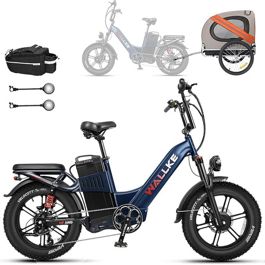 W Wallke H7 AWD Dual Motor Electric Bike for Adult, 48V 60Ah/40Ah Removable Battery, Long Range 32-34MPH Fast Ebike, 20" Fat Tire Mountain Offroad All Terrain Full Suspension E-Bicycle, UL2849 List