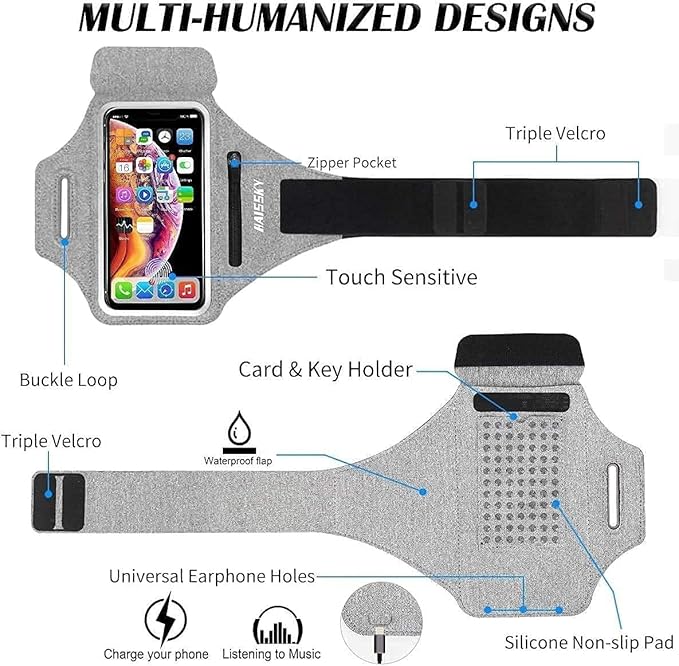 Cell Phone Running Armband with Earbuds Zipper Pocket Armband Case Running Holder For iPhone 16 Pro Max/15/14 Pro Max/13/12 /11 Pro Max/XS/XR ,Galaxy S20 S10,Sweatproof Arm Band with Card/Key Bag