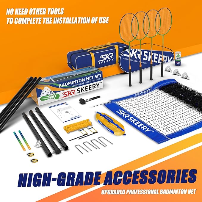 Professional Badminton Set with Winch System,Portable Badminton Net includes Carbon Aluminum Badminton Rackets Set of 4,3 Shuttlecocks and Carrying Bag,Badminton Sets for Backyards,Beach
