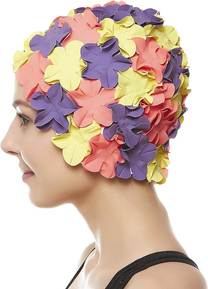 BEEMO Floral Petal Ladies Bathing Swim Cap Women Retro Swim Hat Long/Short Hair