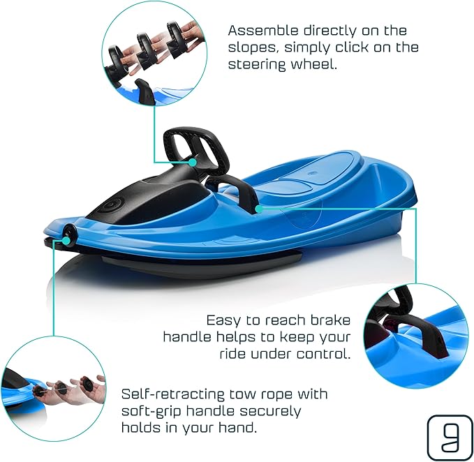 Snow Sled for Kids, Adults - Toboggan Sled, Easy Turning Steering Wheel, Anti-Slip Seat, Pull Up Brake, Durable Plastic Sled, Lightweight, Snow Sleds, Age 3+ 260 lbs