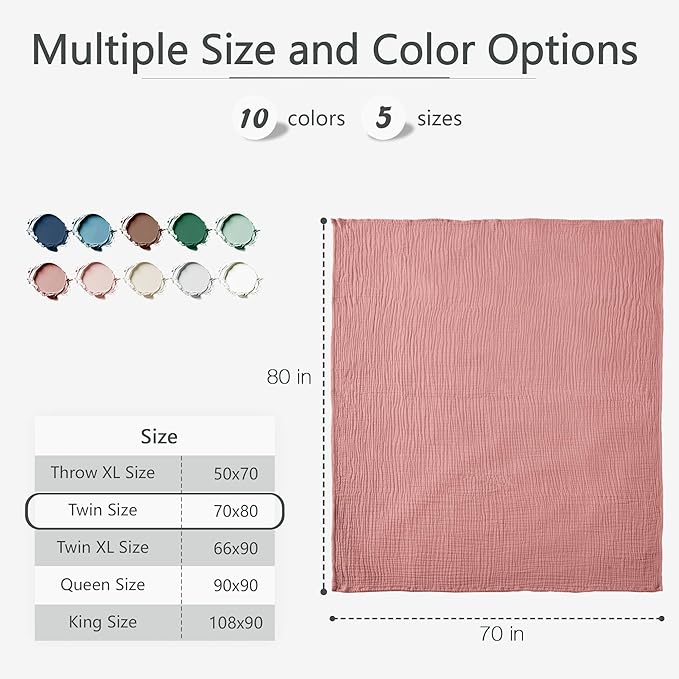 Carriediosa 100% Cotton Muslin Throw Blanket 70" X 80" Twin Size，4-Layers Summer Gauze Throws for Bed Couch，Soft Lightweight Breathable Linen Blankets Bedspread for Adults All Season，Mauve