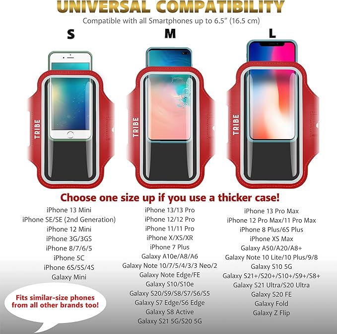 TRIBE Water Resistant Cell Phone Armband Case Running Holder for iPhone Pro Max Plus Mini SE (13/12/11/X/XS/XR/8/7/6/5) Galaxy S Ultra Plus Edge Note (21/20/10/9/8/7/6/5) Adjustable Strap & Key Pocket