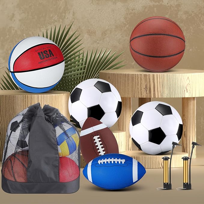 Sratte 6 Pcs Sports Balls Set for Kids Teens Adults Official Size Football Soccer Basketball with Pump Sports Equipment Bag for Youth Training Practice Gift Back to School