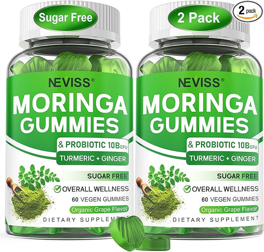 Sugar Free Moringa Gummies for Women Men with Probiotic Turmeric Ginger Ceylon Cinnamon, Chewable Organic Pure Moringa Leaf Supplement for Adults | Gut & Immune Support, Vegan, Grape Flavor, 120Cts