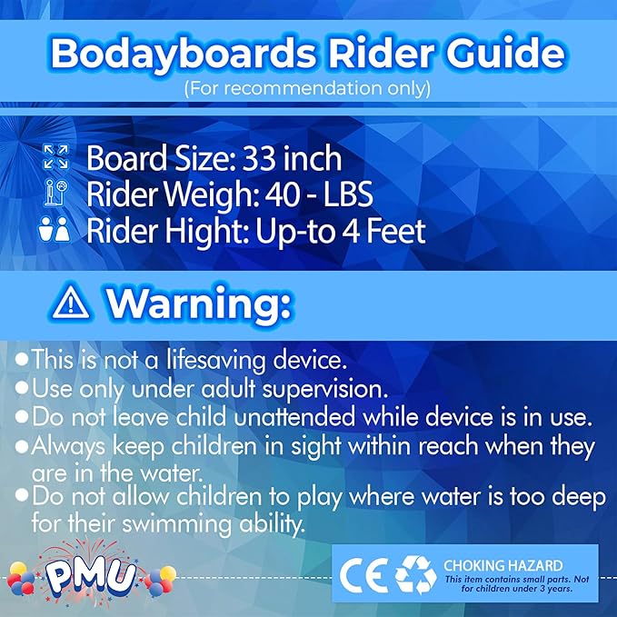 PMU 33 Inch Sky Blue Bodyboard - Lightweight Wrist Leash, Slick Bottom Boards for Beach, Sea & Pool - Surfing Board for Kids, Teens & Adults Wave Conditions Pkg/1