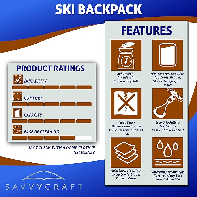 Savvycraft Ski Boot Bag, 50L Ski Backpack for Ski and Snowboard Boots, Helmets, Gloves, and Accessories, Lightweight Durable Convenient, Blue