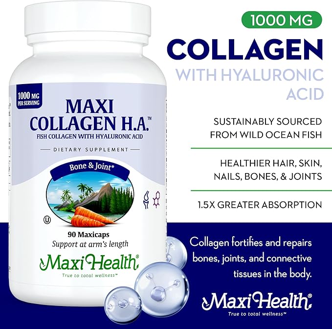 Maxi Health Marine Collagen Pills – 1000 mg Type 1 Collagen for Women & Men with Hyaluronic Acid Supplement for Joint & Skin Support – Unflavored, Clean Kosher Capsules (90 Maxicaps)