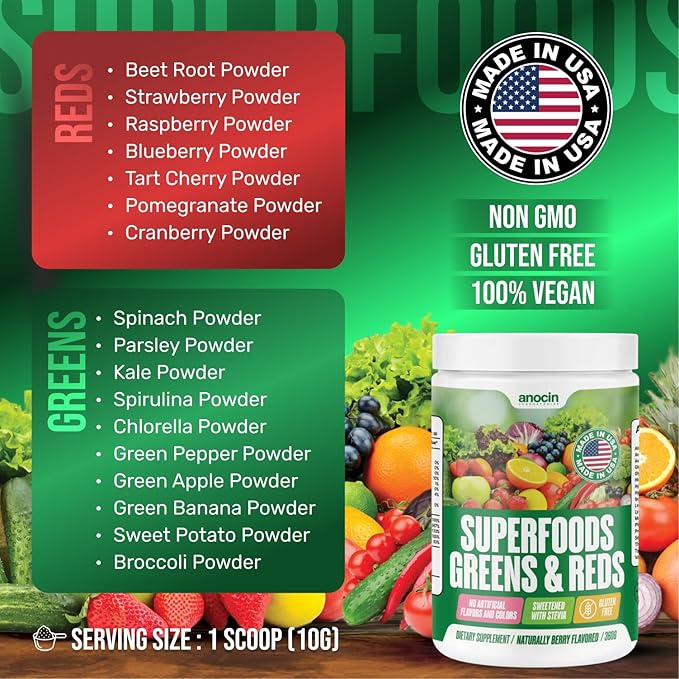 Superfood Greens Powder, Digestive Enzymes with Probiotics + Prebiotics, Gut Health, Bloating Relief for Women, Chlorella, Green Juice Mix with Beet Root Powder