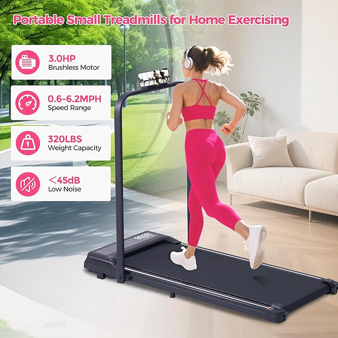 Compact Walking Pad with Handle Bar, Poratble Small Walking Pads Treadmills for Home Small with Handles, 3.0HP Electric Under The Desk Treadmills f with 0.6-6.2MPH and 320LBS