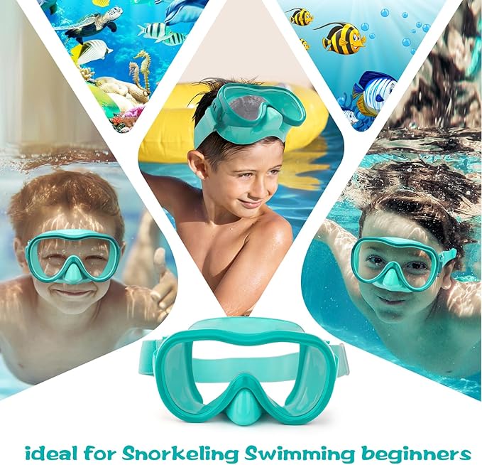 Kids Swim Goggles 180° Snorkel Diving Mask with Nose Cover, Anti-Fog Kids Swimming Goggles with Elastic Fabric Strap for Kids Boys Girls