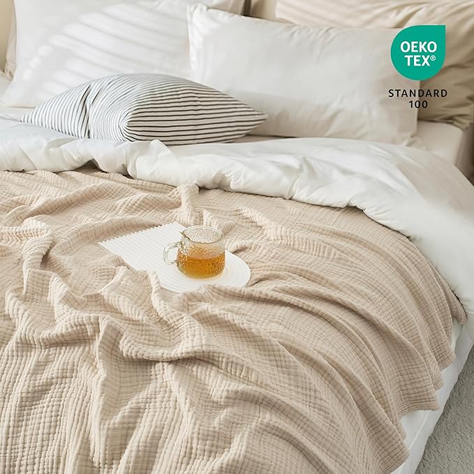 Carriediosa 100% Cotton Muslin Throw Blanket 50" X 70" Throw XL Size，4-Layers Summer Gauze Throws for Bed Couch，Soft Lightweight Breathable Linen Blankets Bedspread for Adults All Season，Khaki