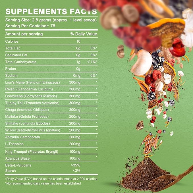 Mushroom Powder Mushroom Supplement - 10-in-1 Mushrooms Lions Mane Powder with Reishi/Cordyceps/Chaga/Turkey Tail/Maitake/Complex for Cognitive Function & Immune Support 78 Servings 2PCAKS