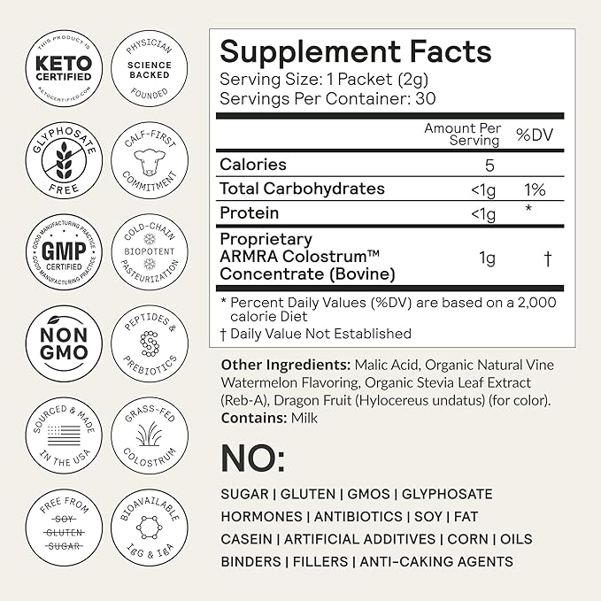 ARMRA Colostrum™ Powder | Vine Watermelon | Gut Health & Bloating | Skin & Hair | Immunity | Keto, Gluten & Fat-Free | 60 Servings