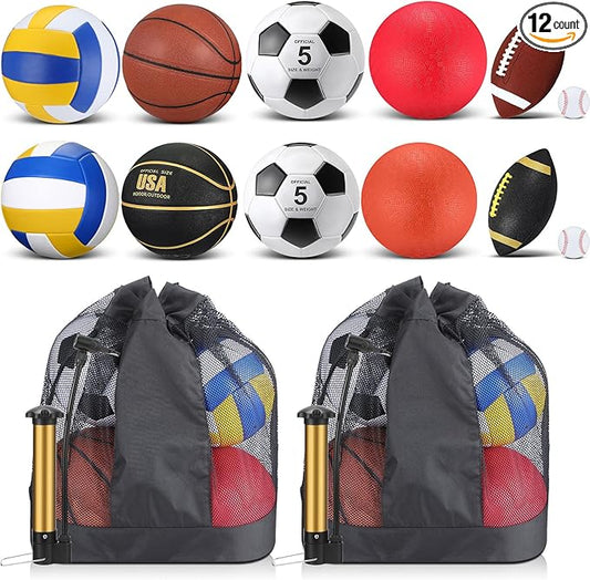 Deekin 12 Pcs Assorted Sport Ball Set Official Size Basketball, Football, Volleyball, Soccer, Baseball, Playground Ball with Bag and Pump Gift for Kid Youth Adult Back to School