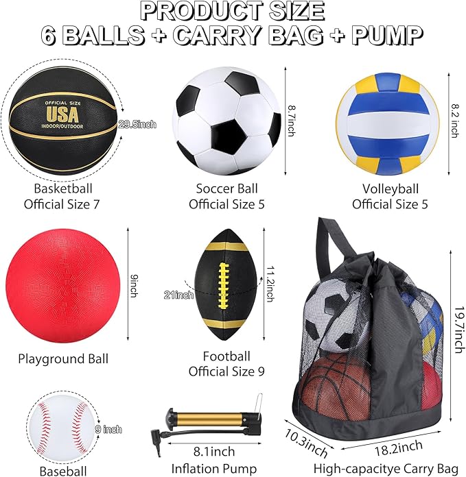 Libima 6 Pcs Multi Sport Ball Set Official Size Football, Basketball, Soccer, Volleyball, Playground Ball, Baseball with Sports Equipment Bag Pump for Teen Adult Christmas School Gift