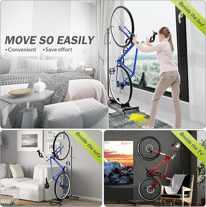 Vertical Bike Parking Stand - Adjustable Height for 29" Wheels, Space-Saving & Freestanding Bike Rack for MTB/Road Bikes,No-Drill Installation Indoor Bike Storage for Apartments & Garages