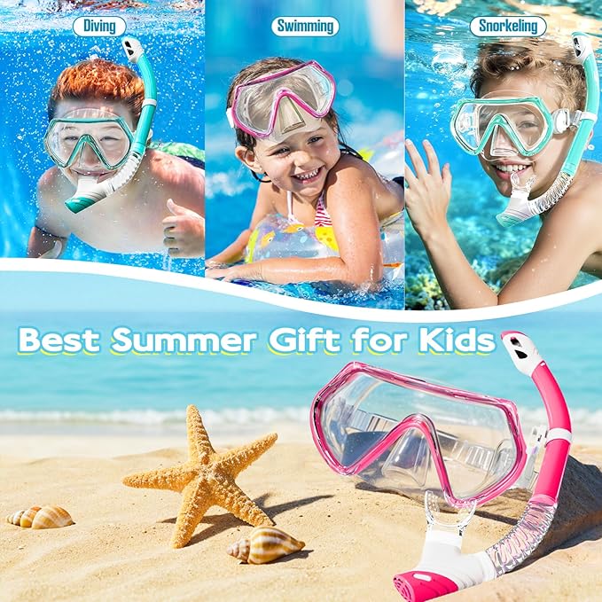 Snorkeling Gear for Kids, Kids Snorkel Set for Ages 3-14, Anti-Fog Diving Mask and Dry Top Snorkel Combo Set, Unisex Swimming Goggles