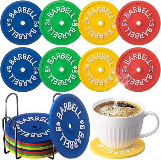 8 Pcs Barbell Bumper Plate Cool Coasters Round Silicone Coasters Weight Plate Coaster with Rack Holder for Gym Lovers Gym Accessories(Colorful)
